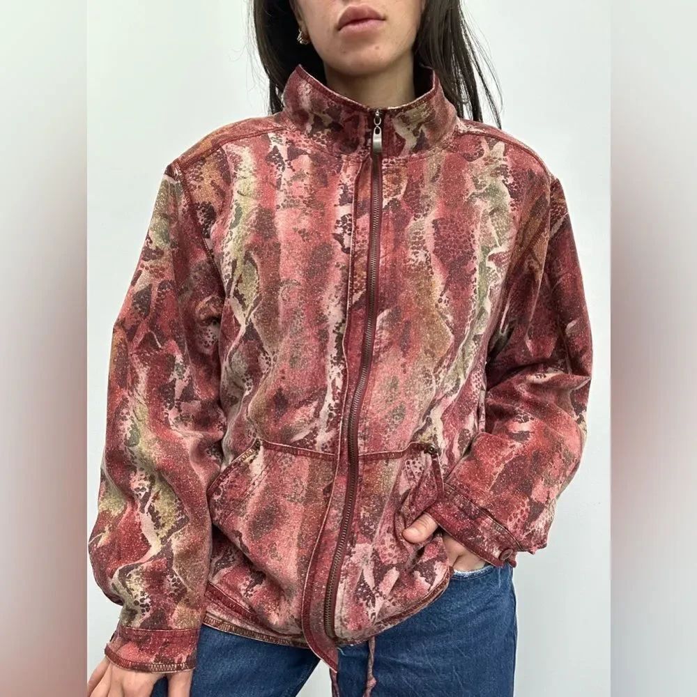 Vintage 80’s Red 100% Silk Reptile Print Windbreaker Jacket Size XL